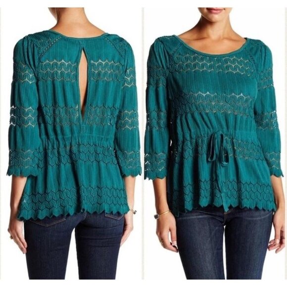 Free People Fire Island Blouse Crochet Top 3/4 Sleeve Knit Green size M Boho - Picture 1 of 12